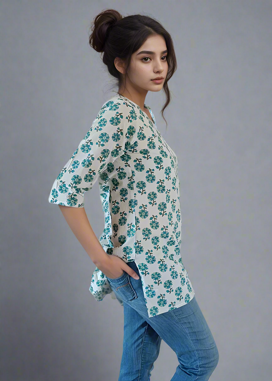 JAIPURI GREEN FLORAL COTTON TUNIC KURTI TOP