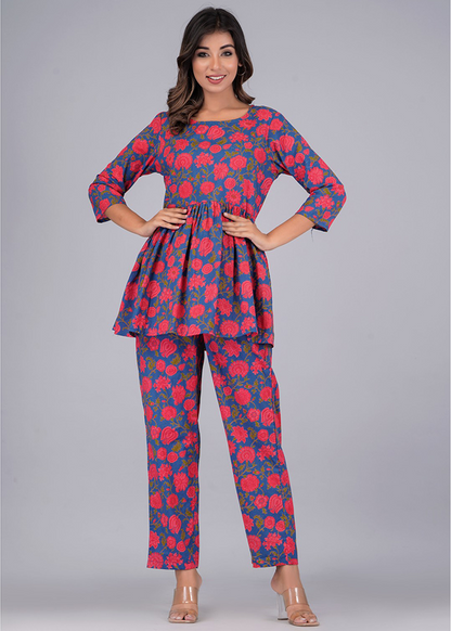 CHARMING PEPLUM HAND BLOCK COTTON CO-ORD SET