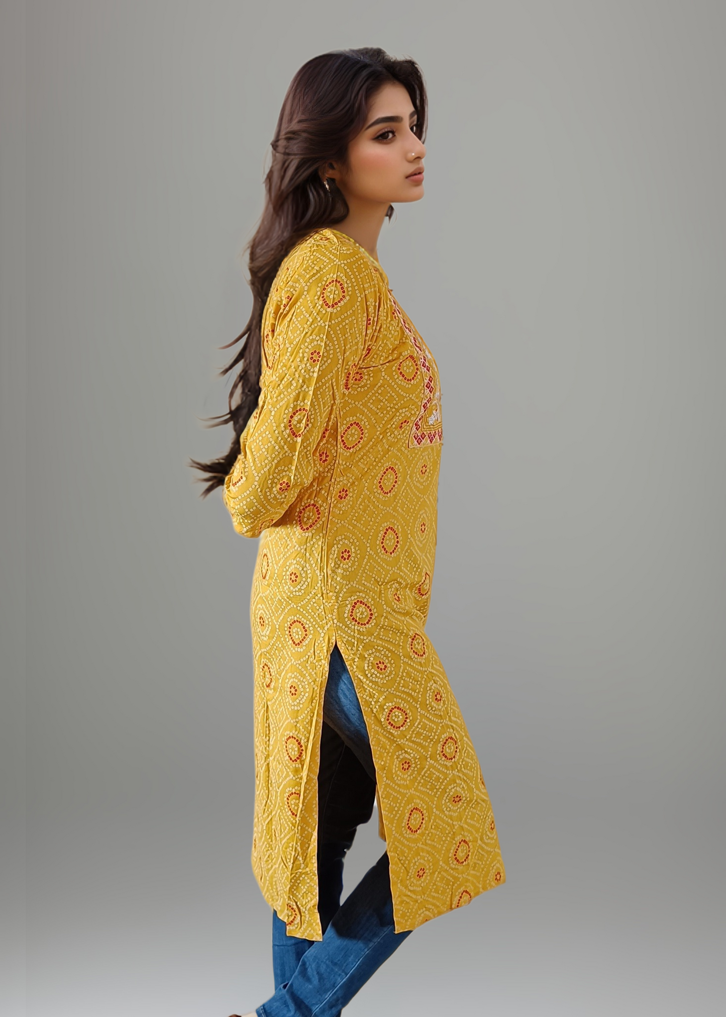ETHNIC YELLOW BANDHANI EMBROIDERED KURTI