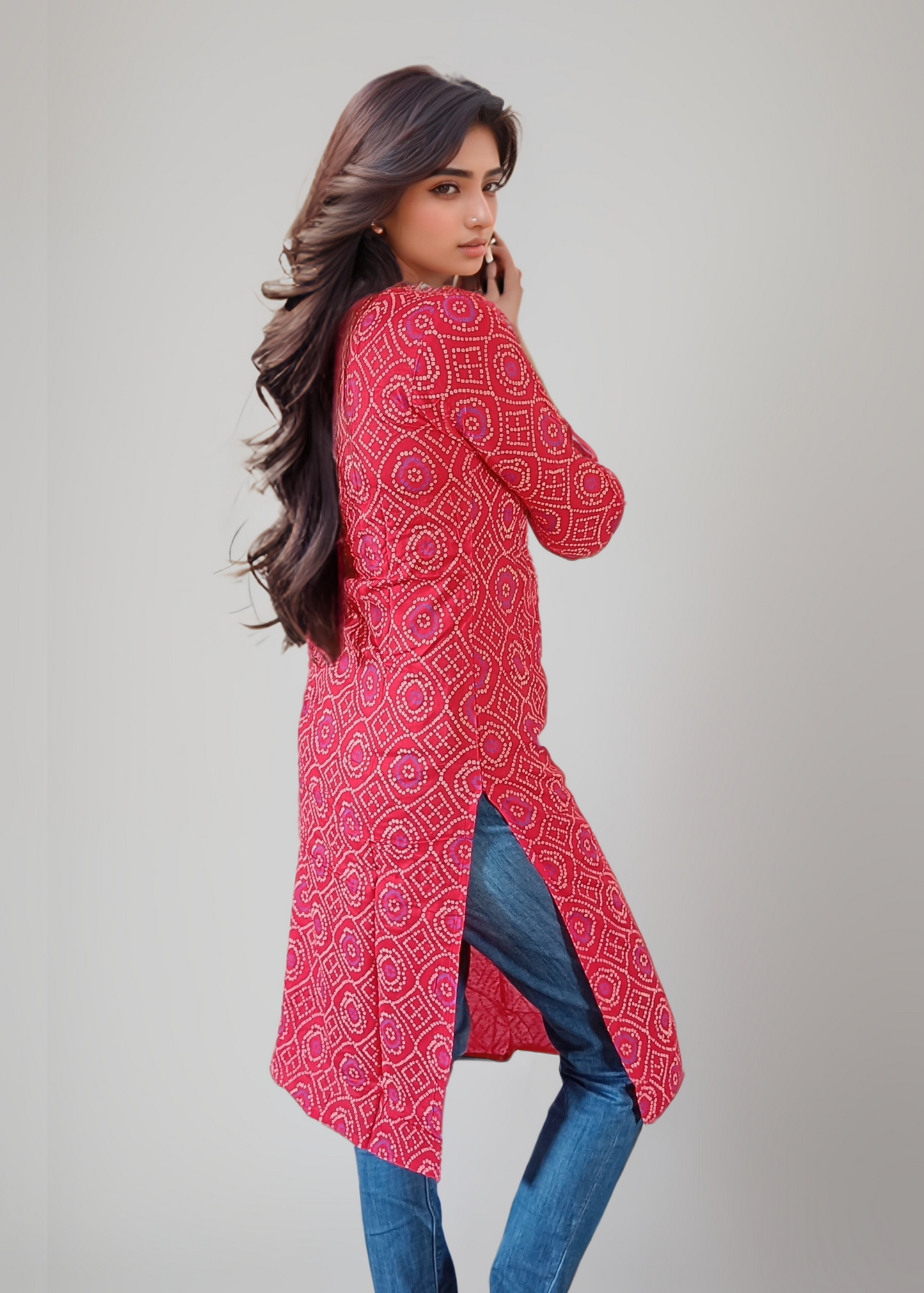RICH RED BANDHANI EMBROIDERED KURTI