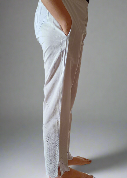 ELEGANT WHITE CHIKANKARI COTTON PANTS