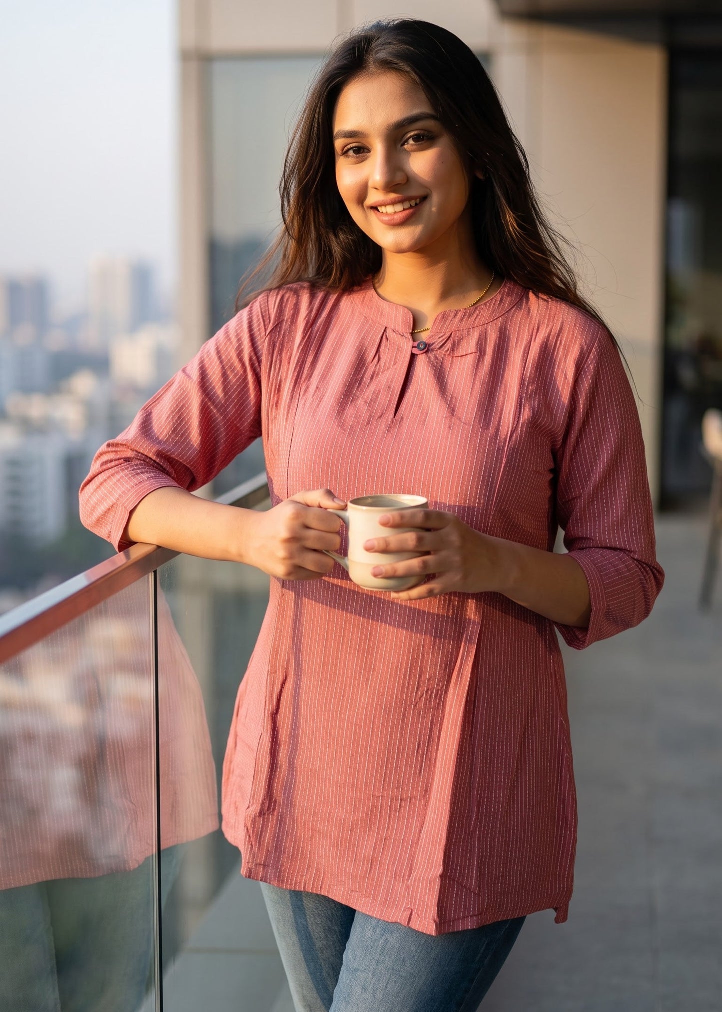 A woman stands on a balcony wearing a dusty rose pink tunic short kurti top and blue jeans, holding a white mug. The background shows a modern city skyline and glass railing.