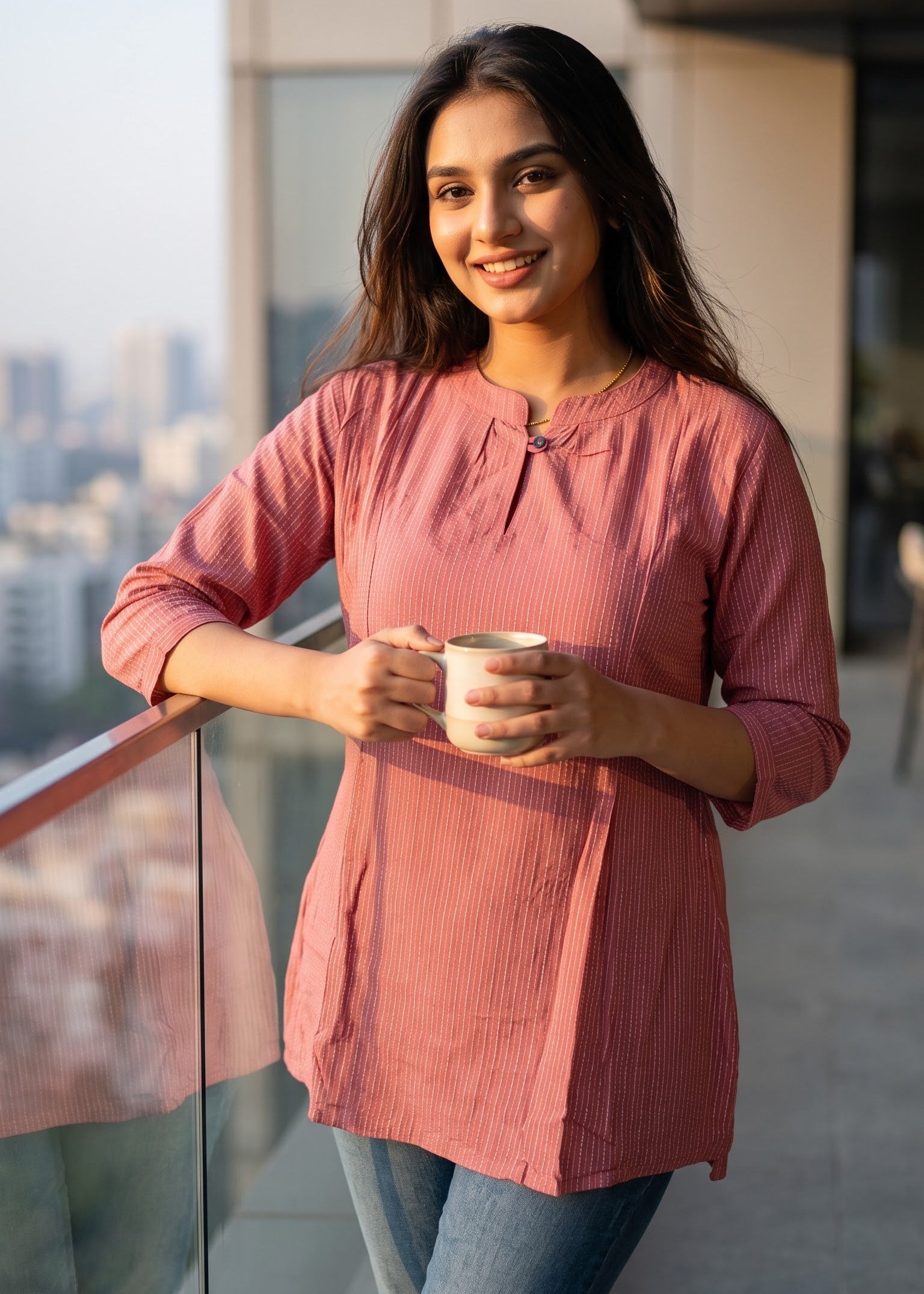 A woman stands on a balcony wearing a dusty rose pink tunic short kurti top and blue jeans, holding a white mug. The background shows a modern city skyline and glass railing.