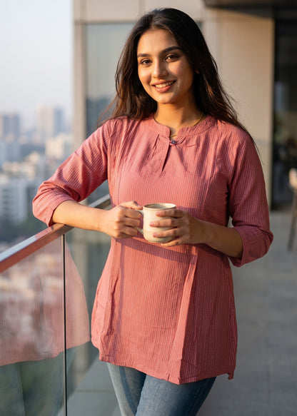 A woman stands on a balcony wearing a dusty rose pink tunic short kurti top and blue jeans, holding a white mug. The background shows a modern city skyline and glass railing.