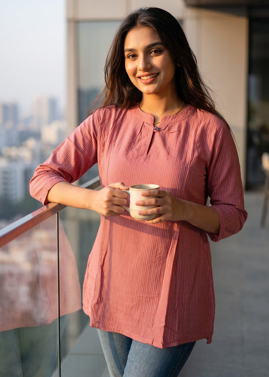 A woman stands on a balcony wearing a dusty rose pink tunic short kurti top and blue jeans, holding a white mug. The background shows a modern city skyline and glass railing.