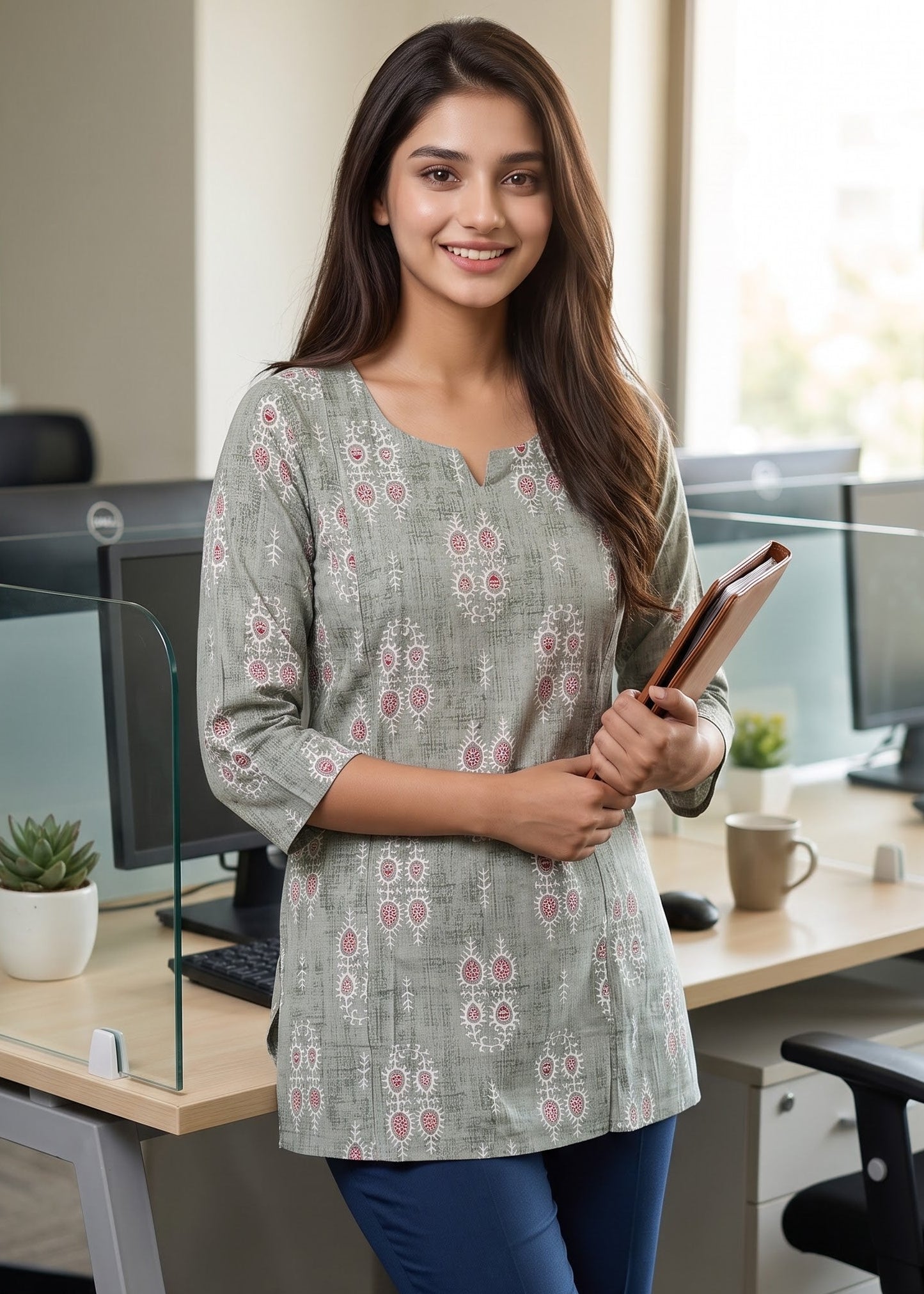 A woman standing in a modern office environment, wearing a light sage green tunic short kurti top with a pink and white geometric floral pattern, paired with dark blue jeans.