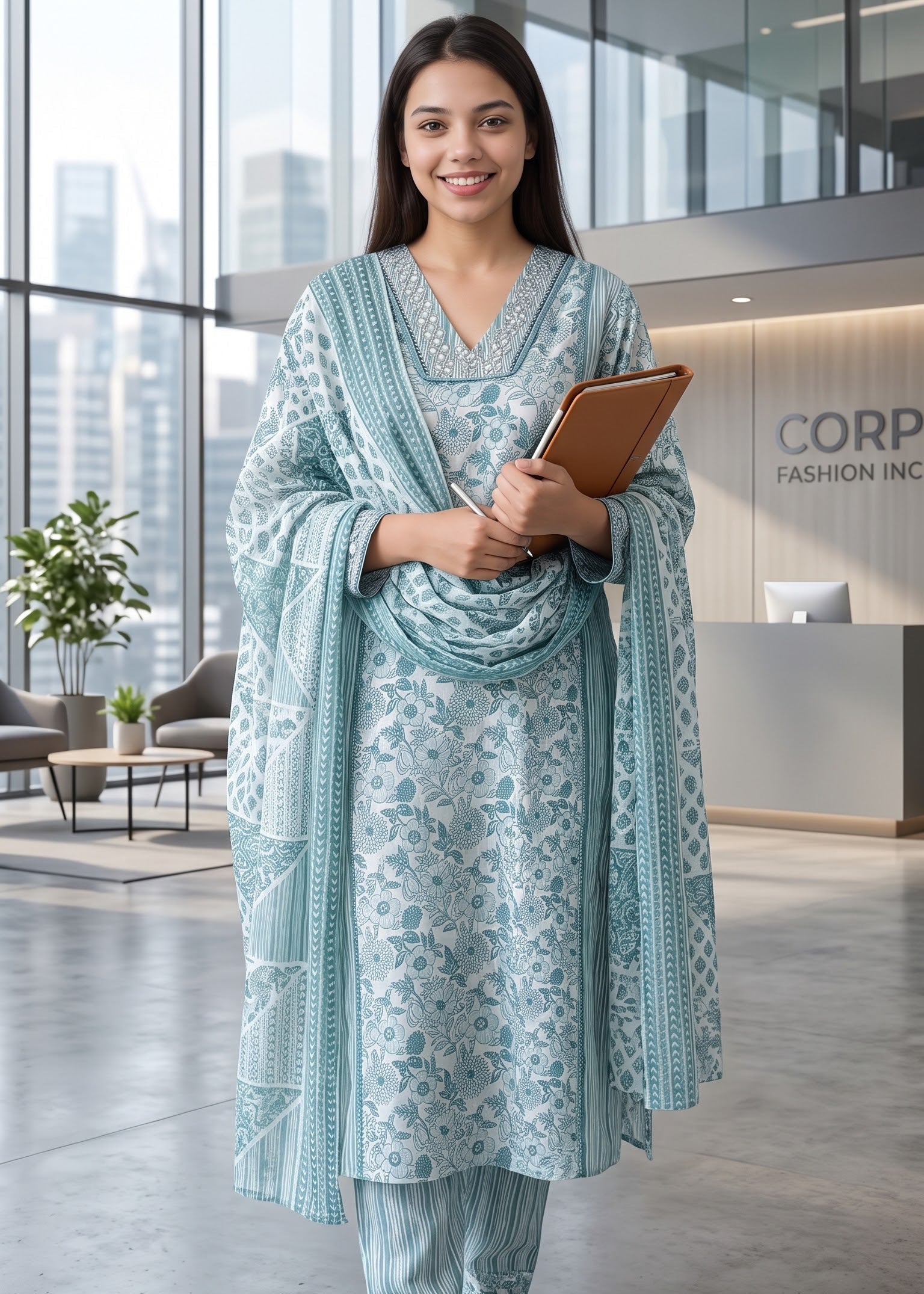 A woman stands in a modern office lobby wearing a light blue and white printed kurta suit set outfit with a matching draped scarf and striped pants, holding a brown tablet.