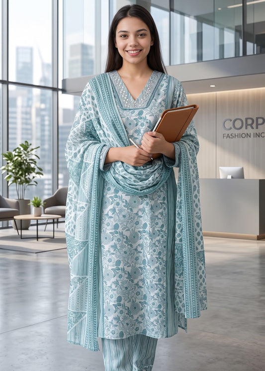 A woman stands in a modern office lobby wearing a light blue and white printed kurta suit set outfit with a matching draped scarf and striped pants, holding a brown tablet.