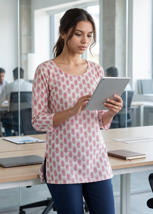 A woman in a pink and white patterned tunic short kurti top and navy pants stands in a modern office environment, holding a tablet.