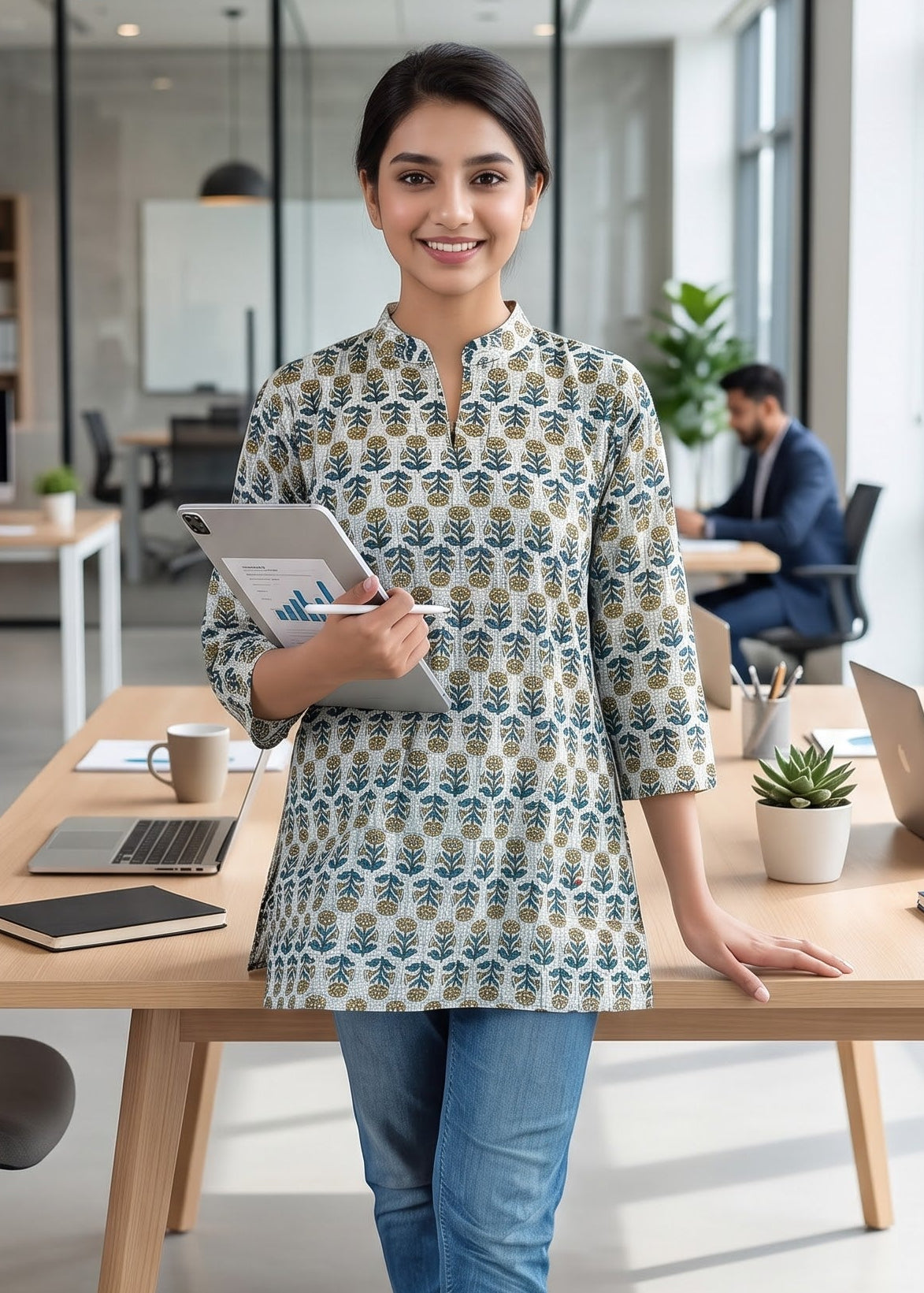 A woman stands in a modern office setting wearing a beige and blue patterned short kurta with three-quarter sleeves, manderian collar and blue jeans, holding a tablet and pen.