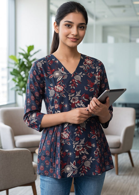A woman wearing a navy blue floral tunic short kurti top with red, beige, and white floral patterns, paired with blue jeans, holding a tablet in a bright modern office setting.