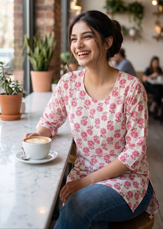 A woman smiling while sitting at a cafe counter, wearing a white three-quarter sleeve top with a pink floral pattern and blue jeans.