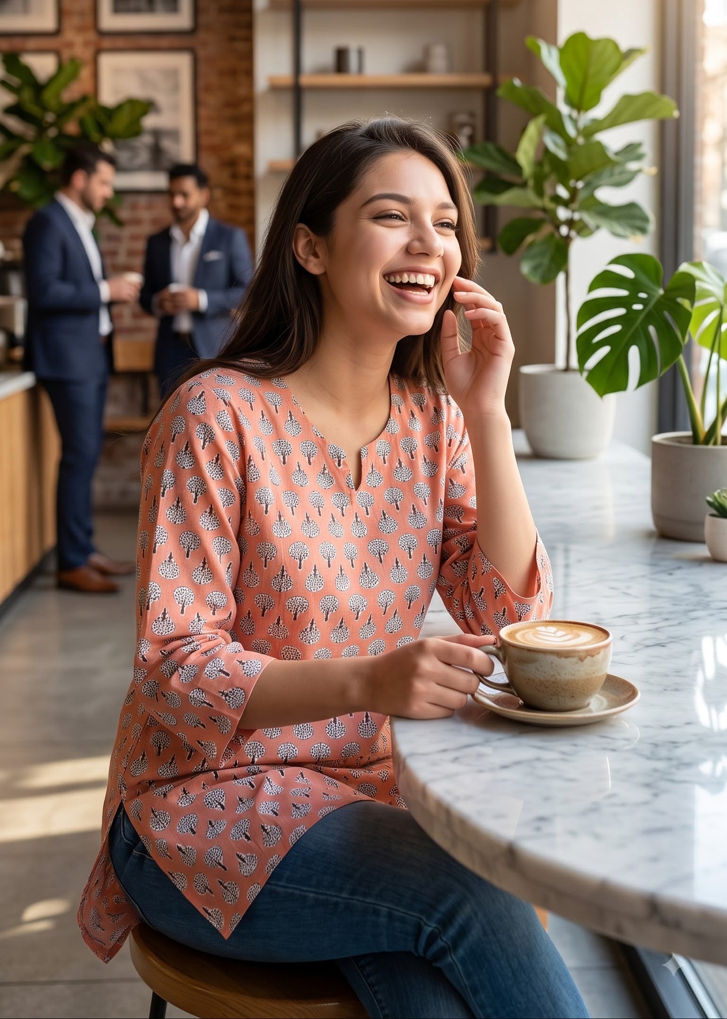 A woman smiling while sitting at a cafe table, wearing a peach and navy patterned tunic top with blue jeans. She holds a cup of coffee on a saucer.