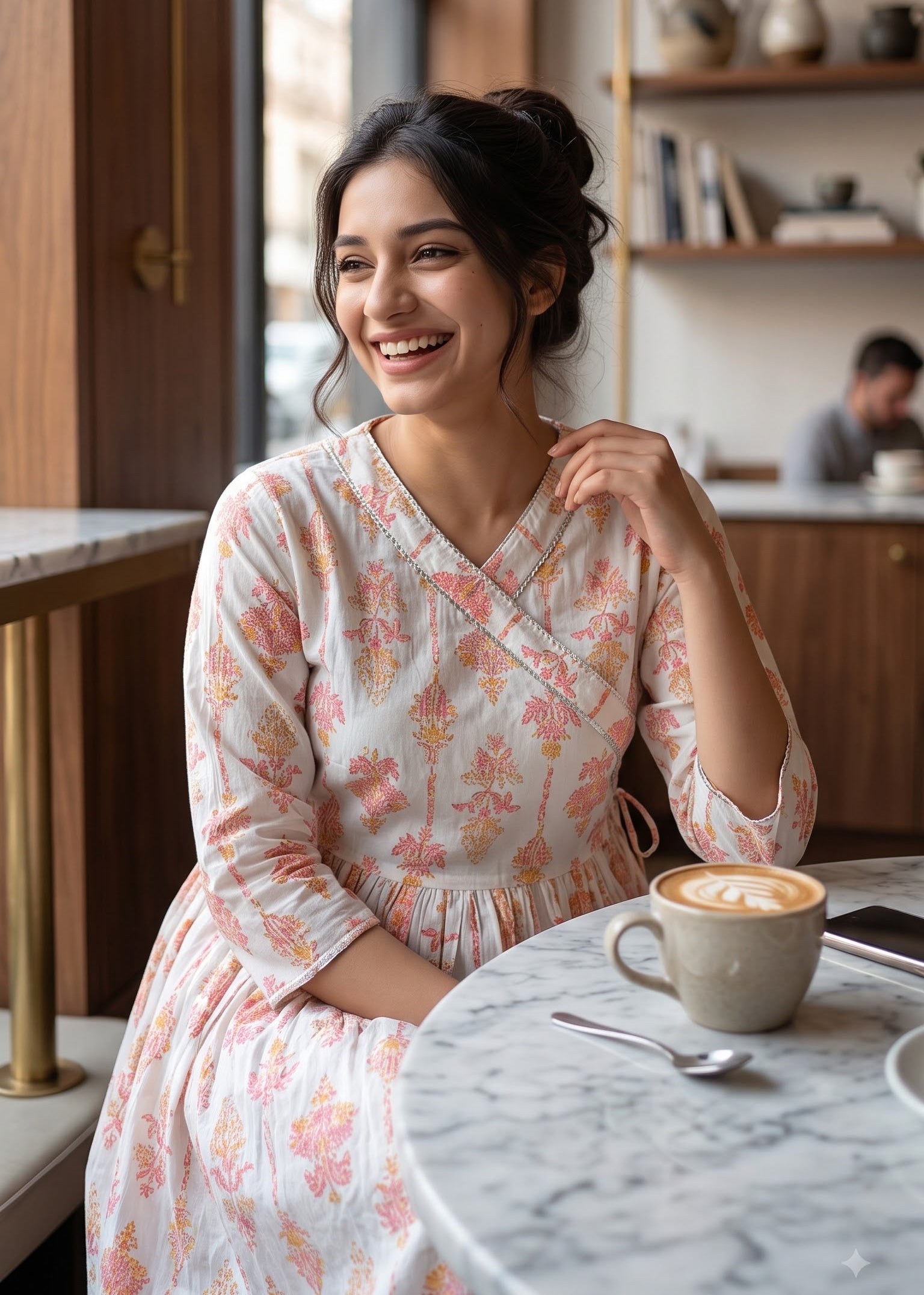 A woman smiling while wearing a light orange and white patterned wrap short kurti tunic top, sitting at a marble table with a coffee cup in a cozy cafe setting.
