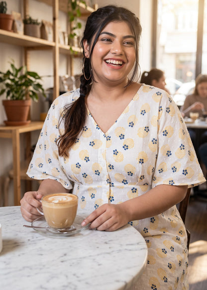 A woman smiling in a cozy cafe setting, wearing a white-colored V-neck dress with a yellow floral pattern and holding a cup of latte art on a marble table.