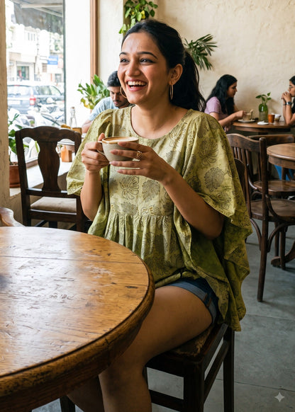 A woman smiling and laughing while holding a white coffee cup at a rustic wooden table inside a cozy cafe with warm beige walls and arched windows.