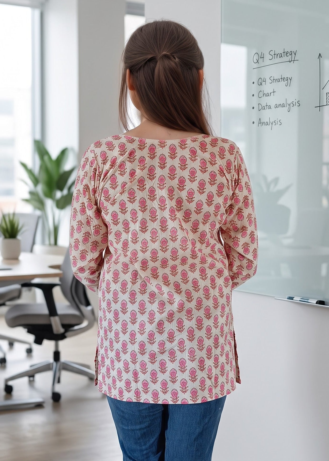 A woman viewed from behind wearing a pink and white patterned tunic short kurti top with blue jeans, standing in a bright modern office next to a whiteboard.