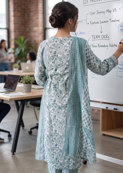 A woman stands with her back to the camera in a bright office setting, wearing a light blue and white floral printed kurta with back tie up, matching stripe trousers and a patterned dupatta.