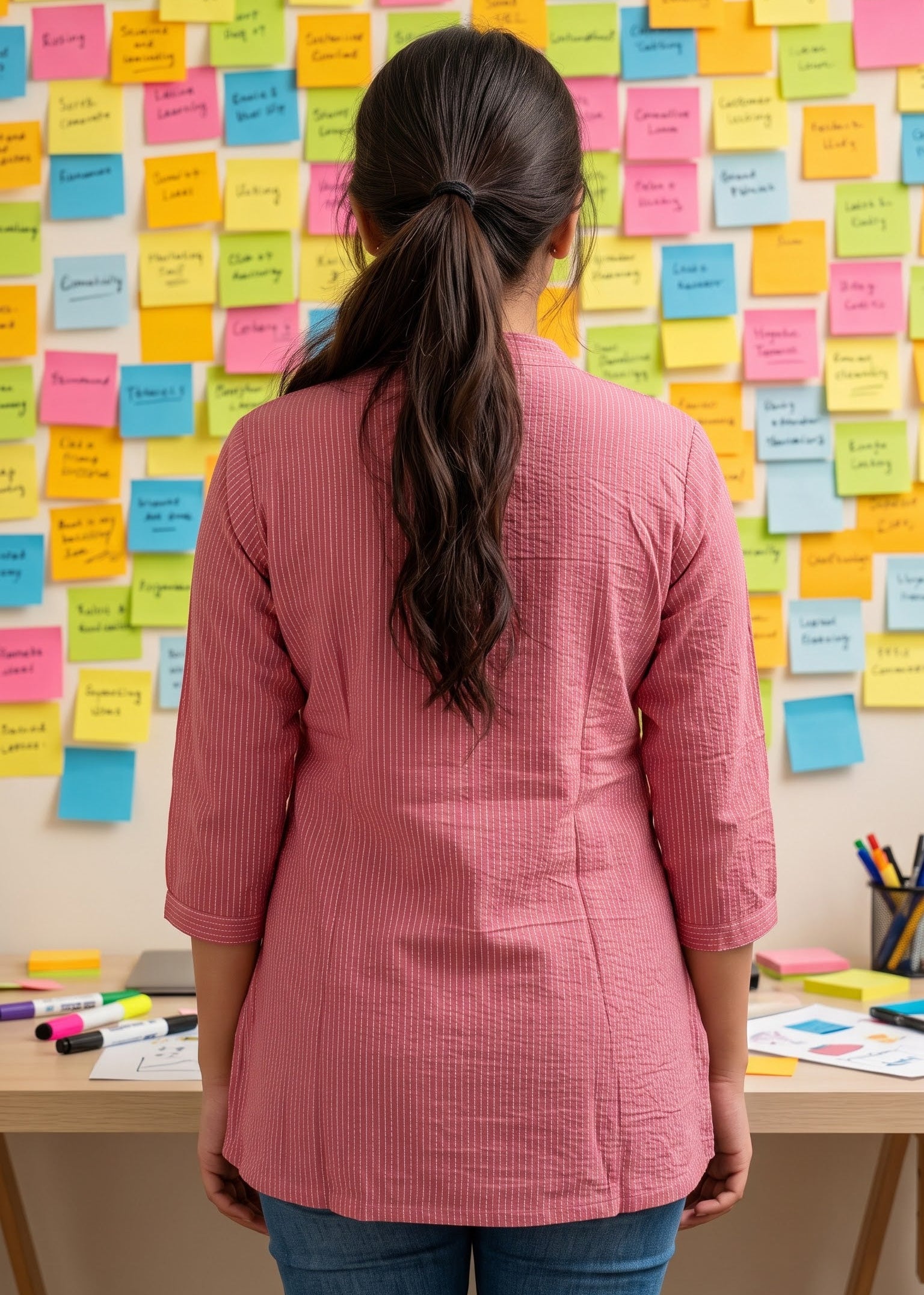A woman viewed from behind wearing a textured white kantha lines pink top and blue jeans, standing in front of a wall covered with colorful sticky notes at a desk.