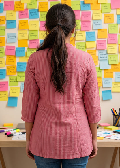 A woman viewed from behind wearing a textured white kantha lines pink top and blue jeans, standing in front of a wall covered with colorful sticky notes at a desk.
