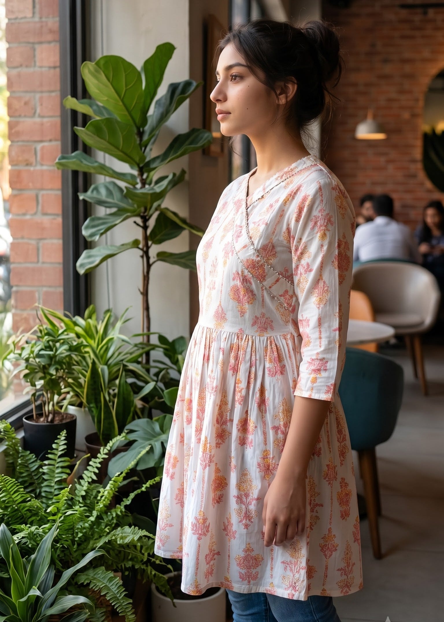 A woman wearing a white three-quarter sleeve short kurti tunic dress with a coral floral print and blue jeans, standing in a modern indoor cafe setting with potted plants and brick walls.