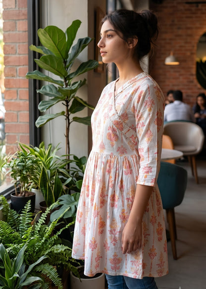 A woman wearing a white three-quarter sleeve short kurti tunic dress with a coral floral print and blue jeans, standing in a modern indoor cafe setting with potted plants and brick walls.