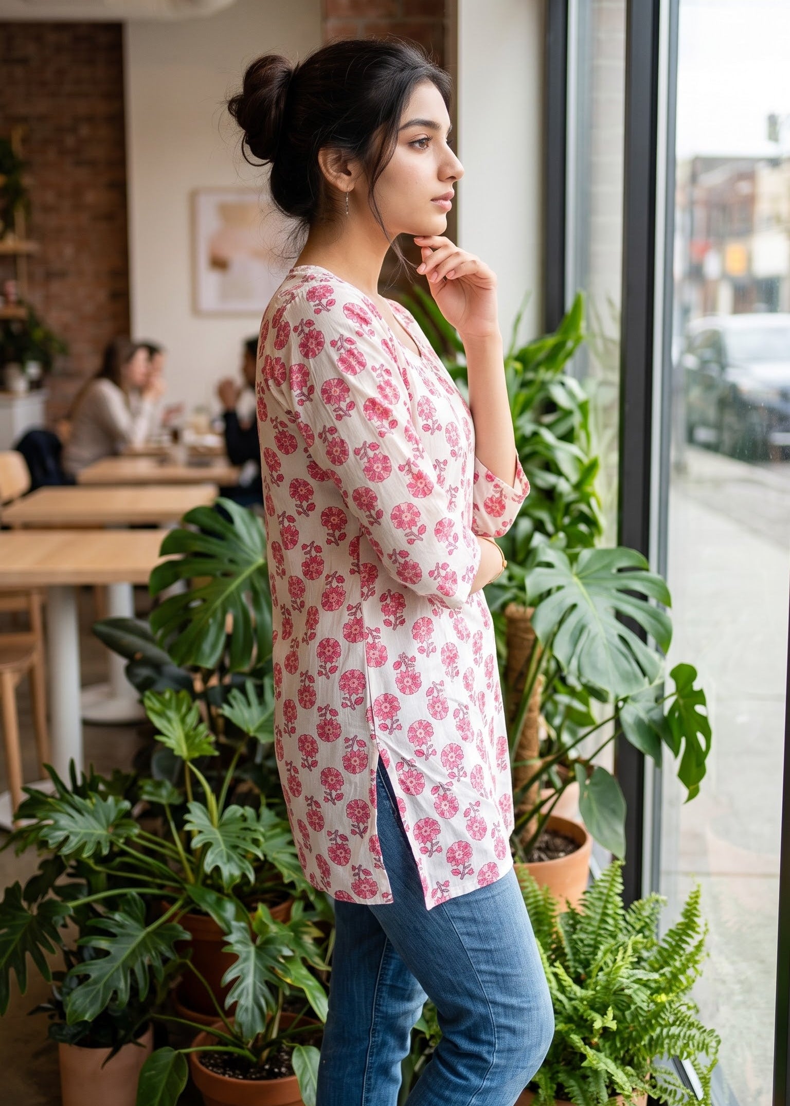A woman stands by a window in a bright cafe, wearing a pink and white floral 3/4th sleeve short kurti tunic top with blue jeans. The background features potted green plants, wooden tables, and a brick wall.