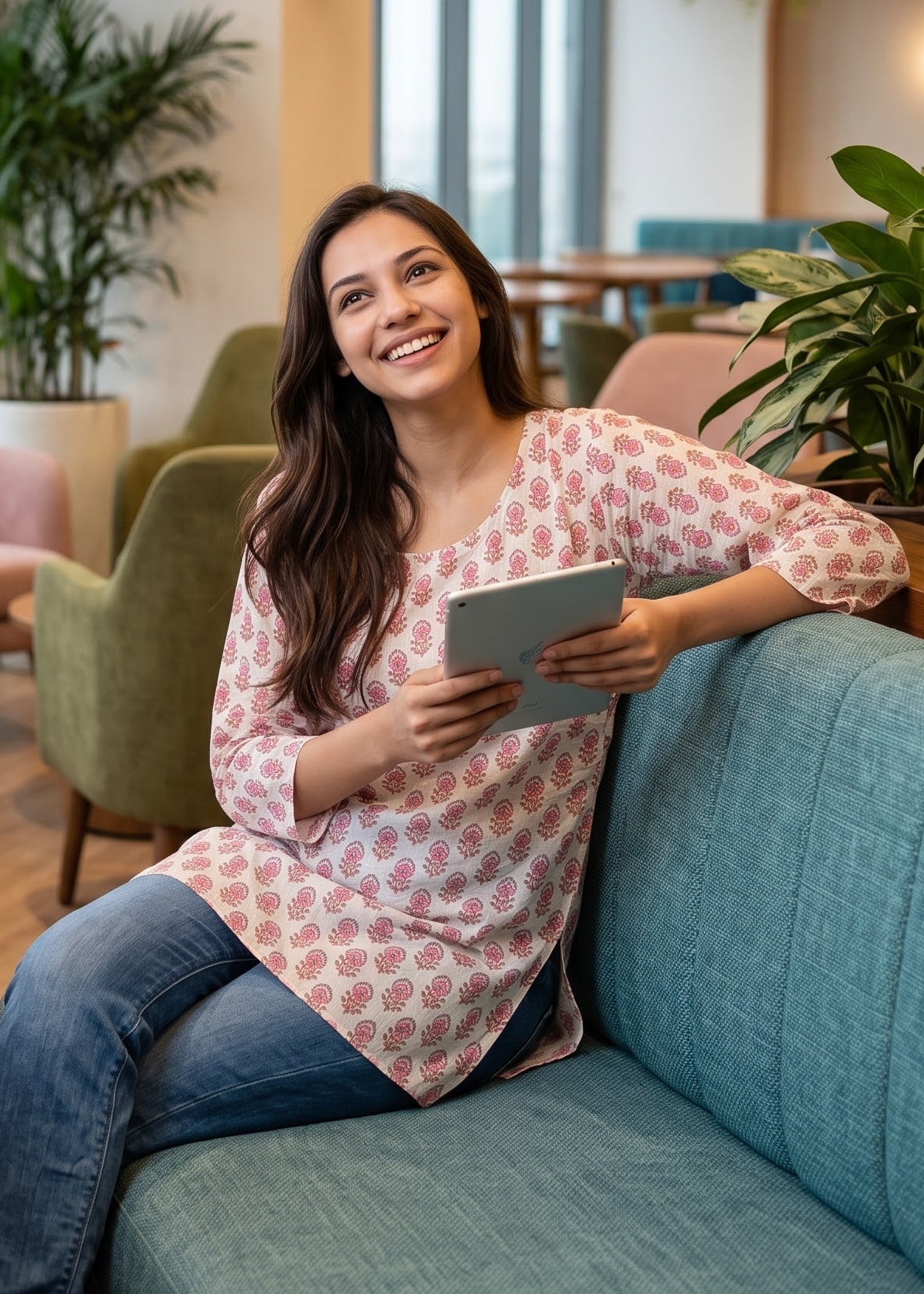 A woman with long dark hair sits smiling on a teal-blue sofa wearing a pink and white patterned tunic top and blue jeans.