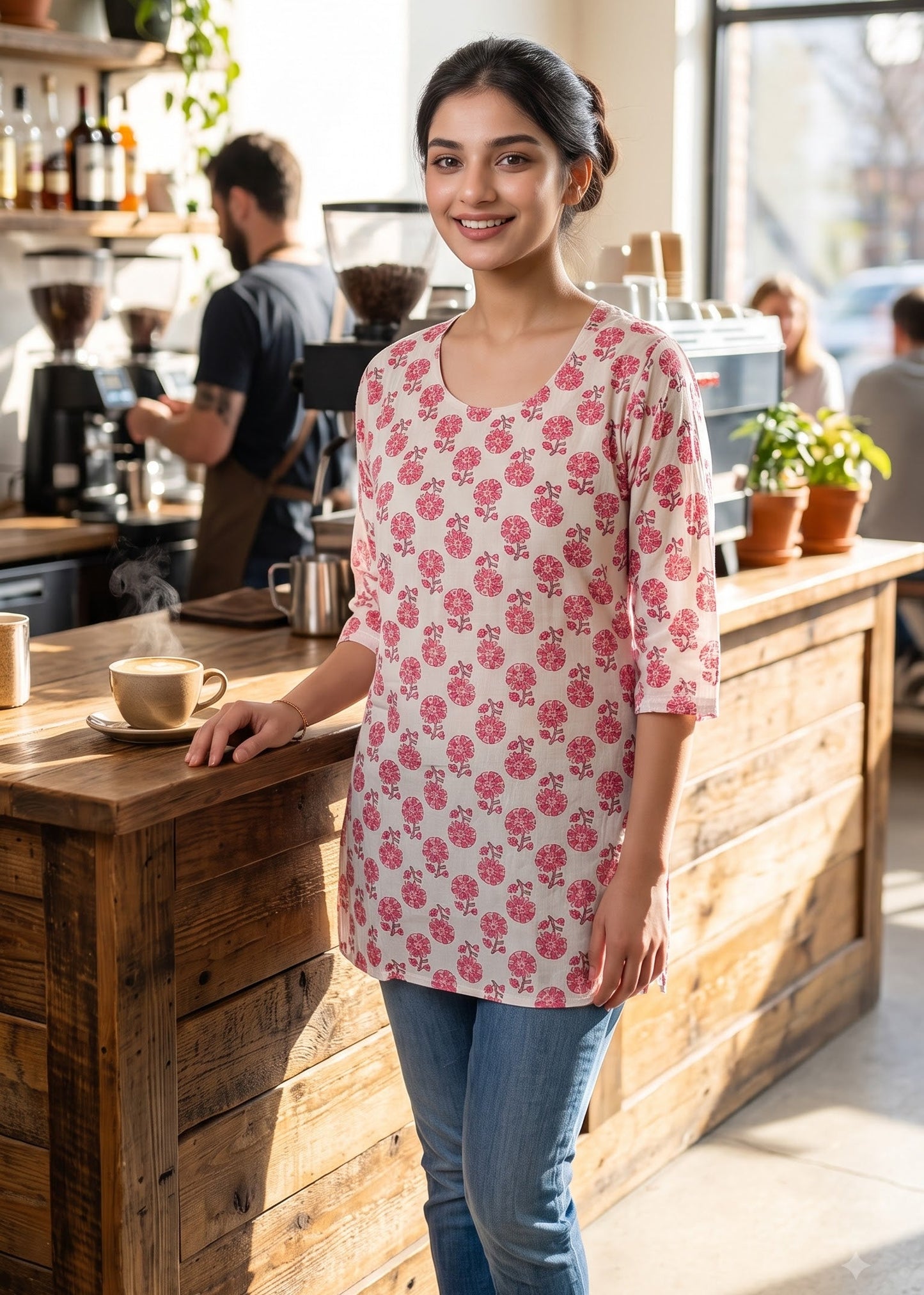 A woman stands in a sunlit coffee shop wearing a pink and white floral print cotton short kurti tunic top with blue jeans, leaning on a rustic wooden counter.
