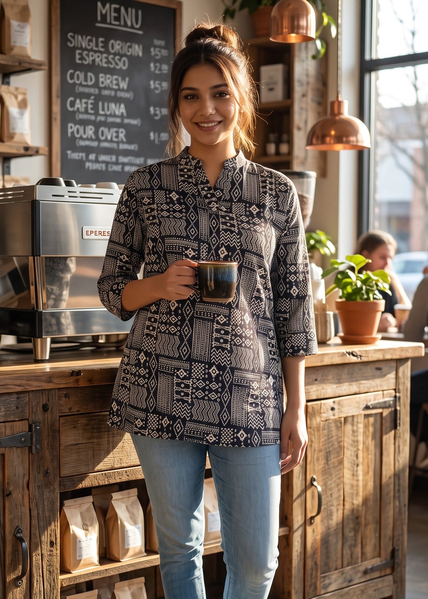 A woman stands in a sunlit coffee shop wearing a black and white geometric patterned short kurti  tunic top, light blue jeans, and white sneakers, holding a coffee mug.