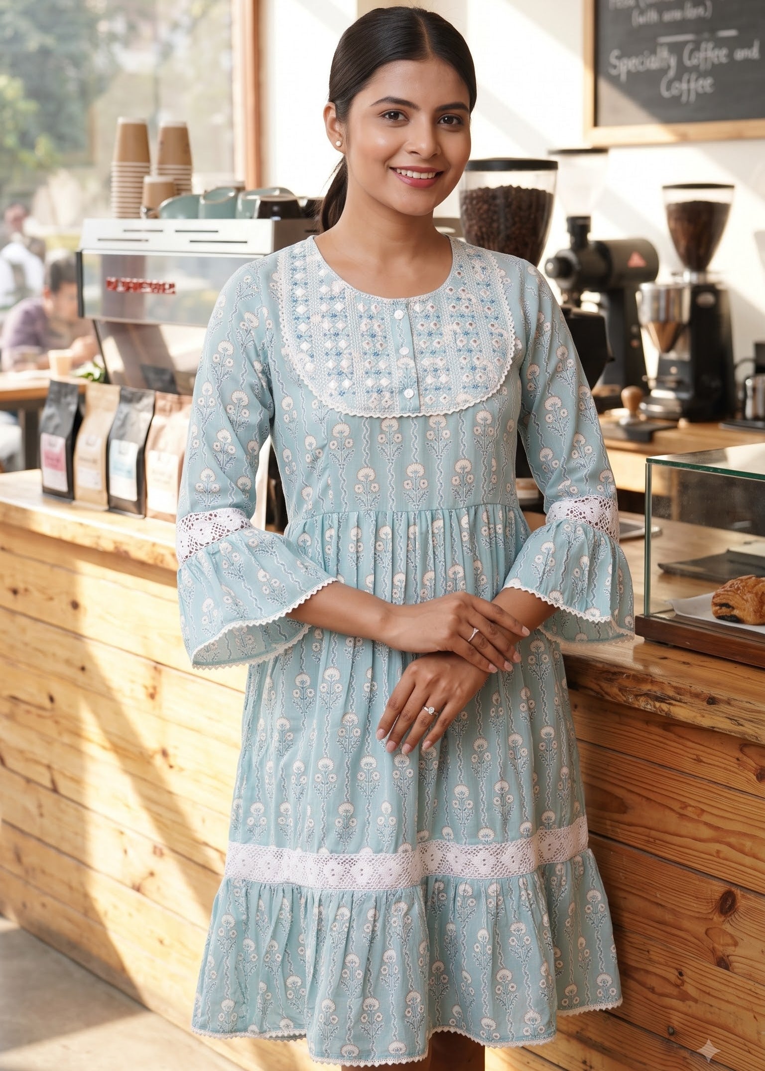 A woman wearing a light blue tiered cotton dress with white floral prints and lace trim, standing in a warm, sunlit cafe environment.