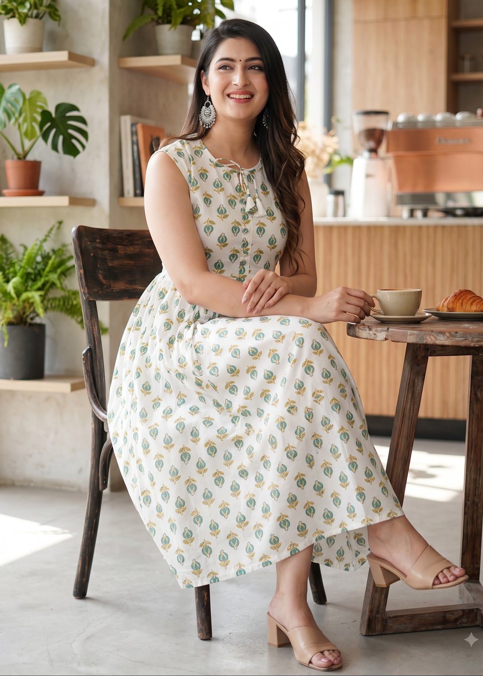 A woman wearing a sleeveless cream-colored maxi dress with a green and yellow floral pattern sits on a dark wooden chair next to a small table with a cup of coffee in a bright, modern cafe setting.