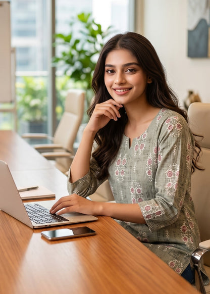 A woman with long dark hair wearing a sage green three-quarter sleeve kurta with a pink and white floral pattern.