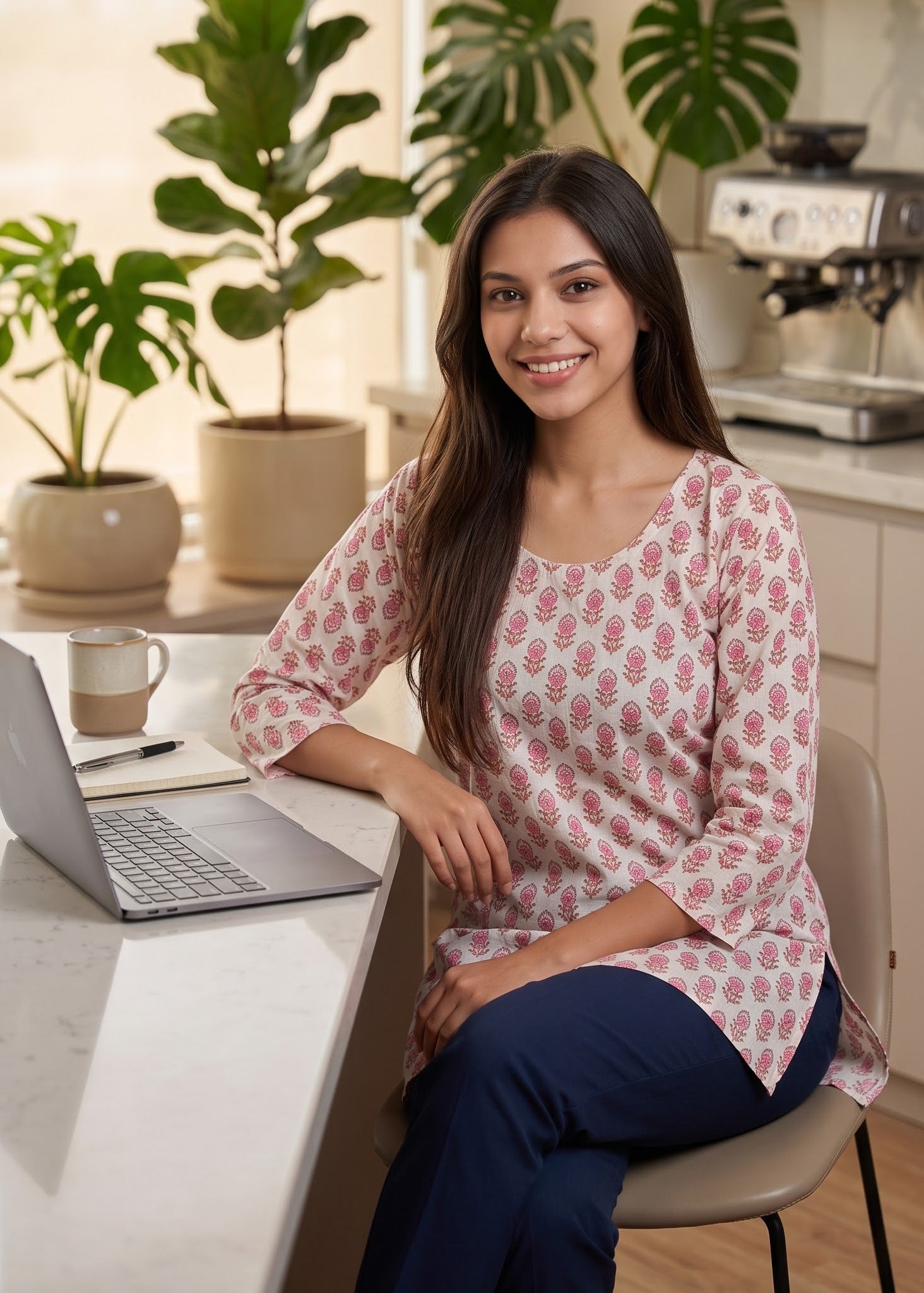 A woman with long dark hair sits on a chair wearing a pink and white patterned tunic short kurti top with navy blue pants.