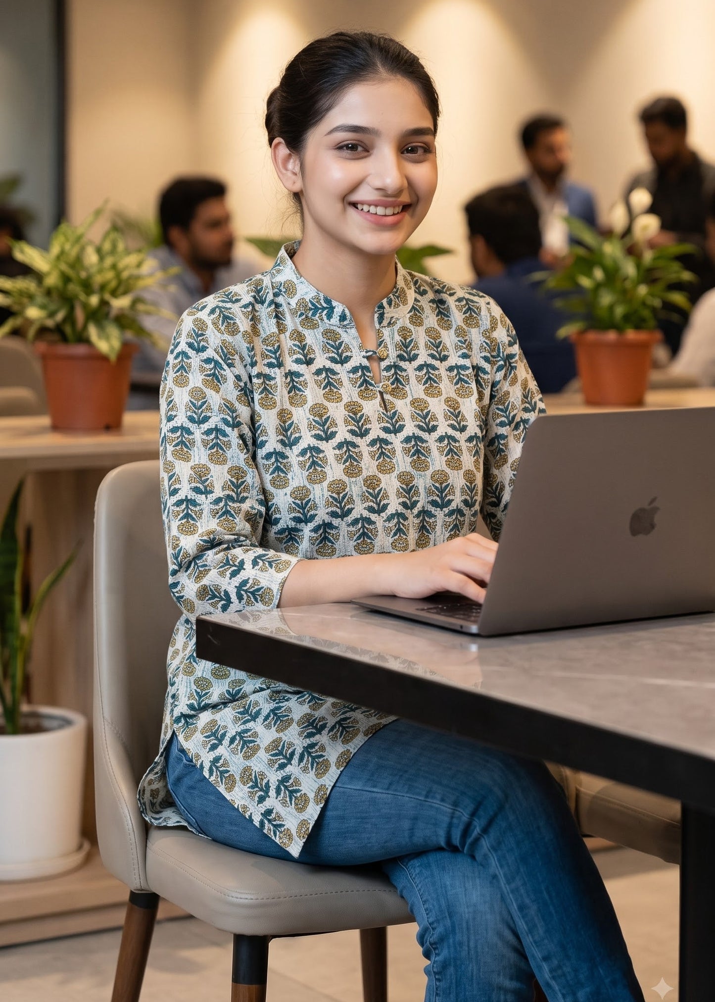 A woman smiling while working on a laptop at a cafe table, wearing a patterned green and beige long-3/4th sleeve short kurti and blue jeans.