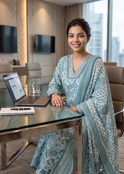 A woman wearing a light blue and white printed traditional ethnic kurta suit set sits at a glass table in a modern office setting, with a laptop and notebook in front of her.