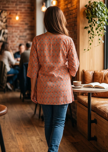 A woman viewed from behind walking through a cozy, warm-toned cafe with brick walls, hanging Edison bulbs, and a wooden window seat with a book and coffee cup.