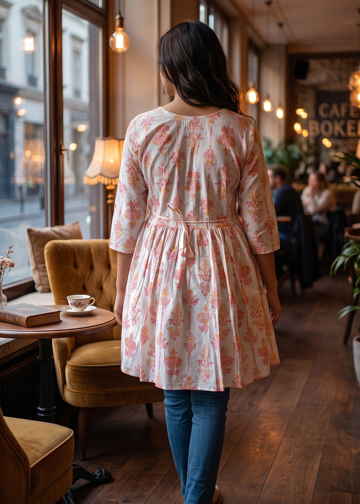A woman viewed from behind wearing a light orange and white floral print tunic dress with three-quarter sleeves, back tie-up, standing in a cozy, warmly lit cafe with wooden floors and yellow velvet chairs.