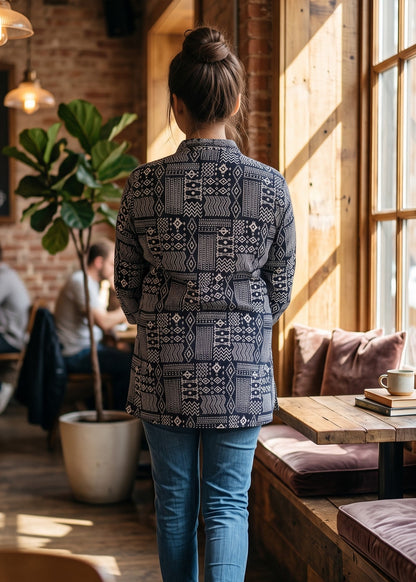 A person viewed from behind wearing a black and white geometric patterned button-up short kurti tunic top, blue jeans, and white sneakers, walking inside a rustic cafe with wood floors, brick walls, and large windows.