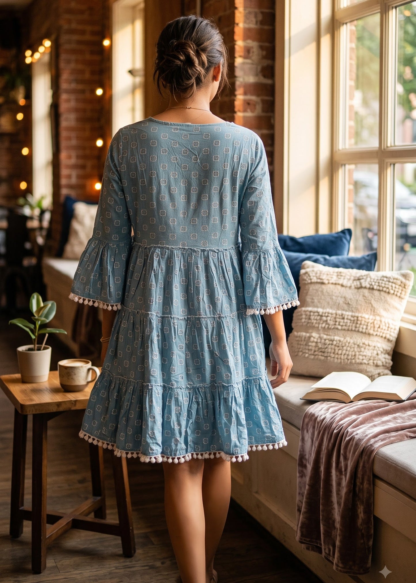 A woman viewed from behind wearing a light blue tiered dress with ruffled sleeves and hem, standing in a cozy sunlit room with brick walls, a window seat, pillows, and an open book.