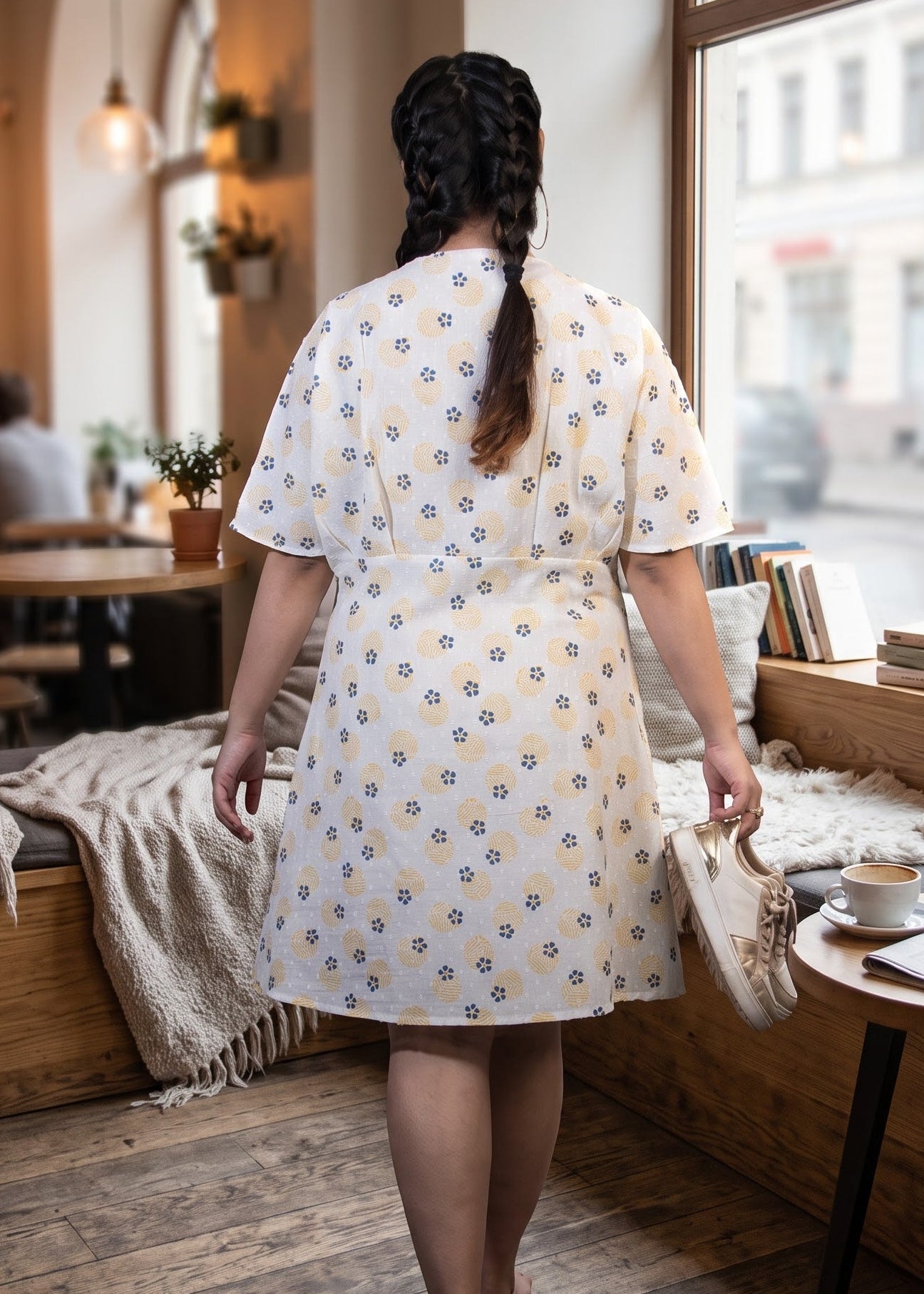 A woman viewed from behind wearing a white short kaftan sleeve dress with a blue and yellow floral pattern, walking inside a cozy, sunlit cafe with wooden floors and large arched windows.
