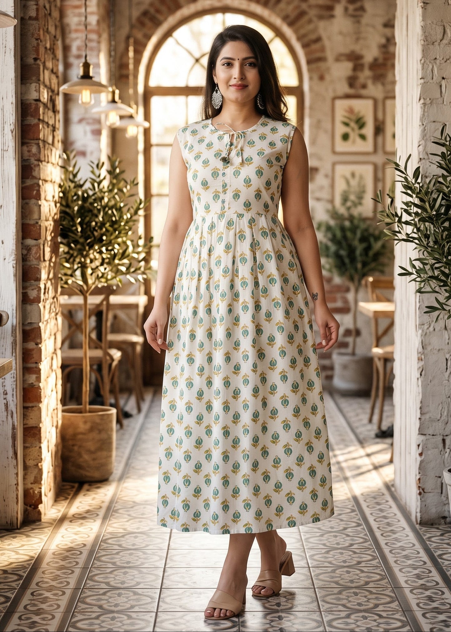 A woman wearing a sleeveless,ankle-length white dress with a green and orange floral pattern, standing in a rustic, sunlit indoor hallway with brick walls and potted plants.
