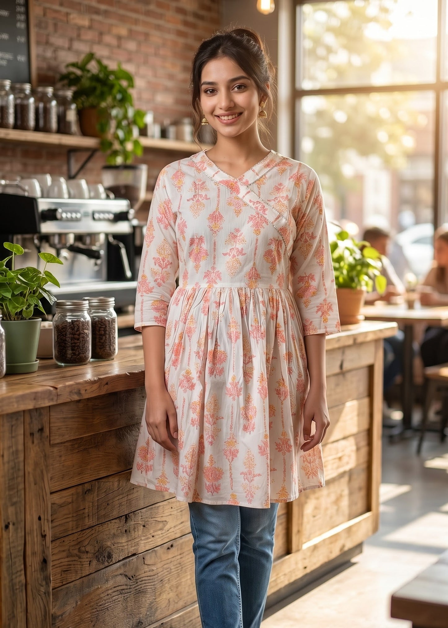 A woman wearing a light peach and white floral print short kurti tunic top with blue jeans stands in a cozy, sunlit cafe with wooden counters and brick walls.