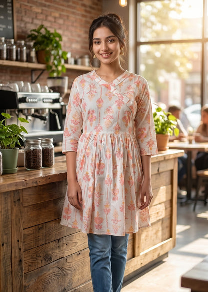A woman wearing a light peach and white floral print short kurti tunic top with blue jeans stands in a cozy, sunlit cafe with wooden counters and brick walls.
