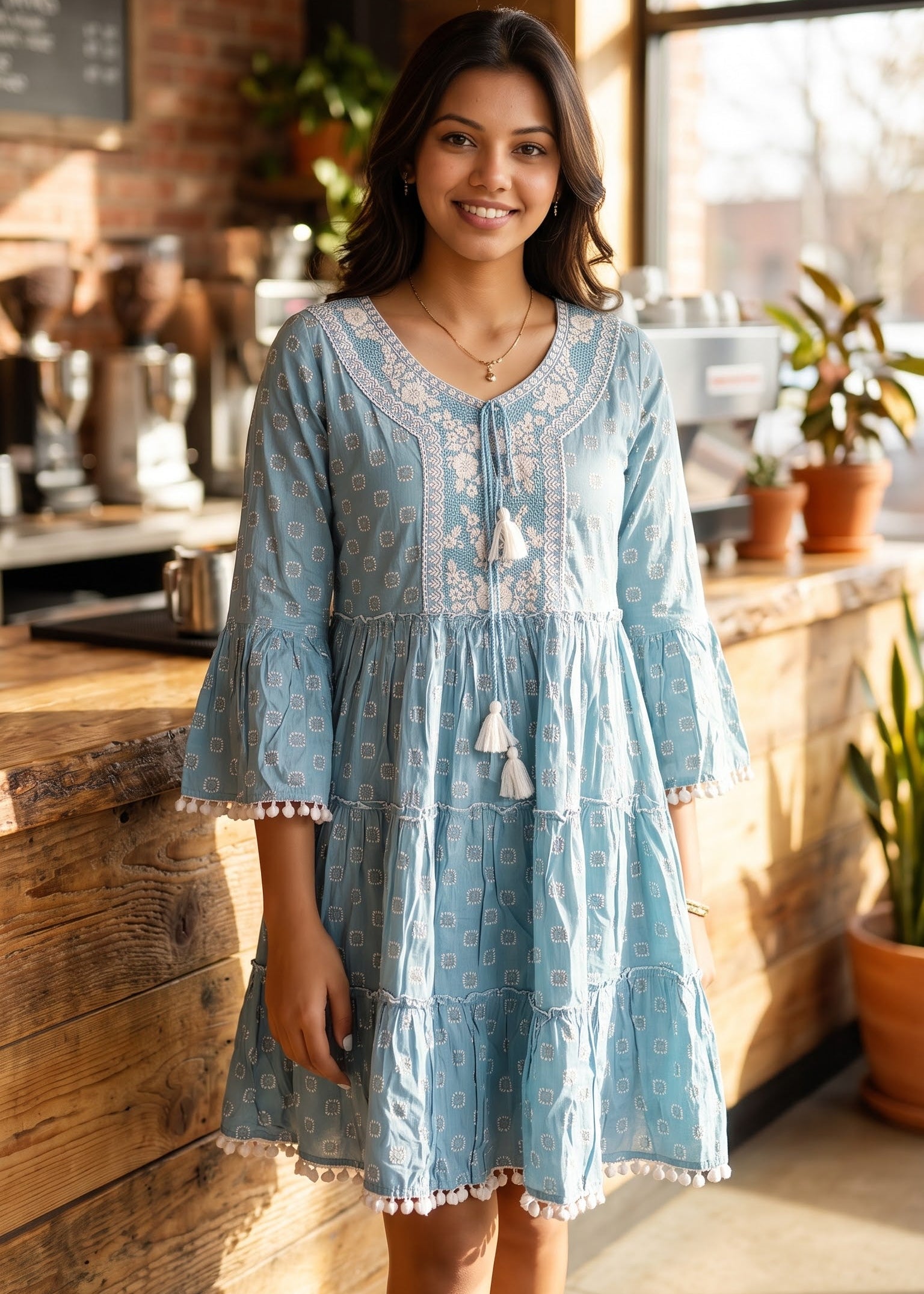 A woman wearing a light blue bohemian-style tiered dress with white embroidery and tassel details, standing in a warm, sunlit cafe environment.