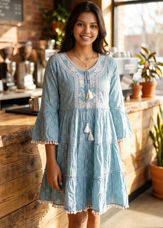 A woman wearing a light blue bohemian-style tiered dress with white embroidery and tassel details, standing in a warm, sunlit cafe environment.