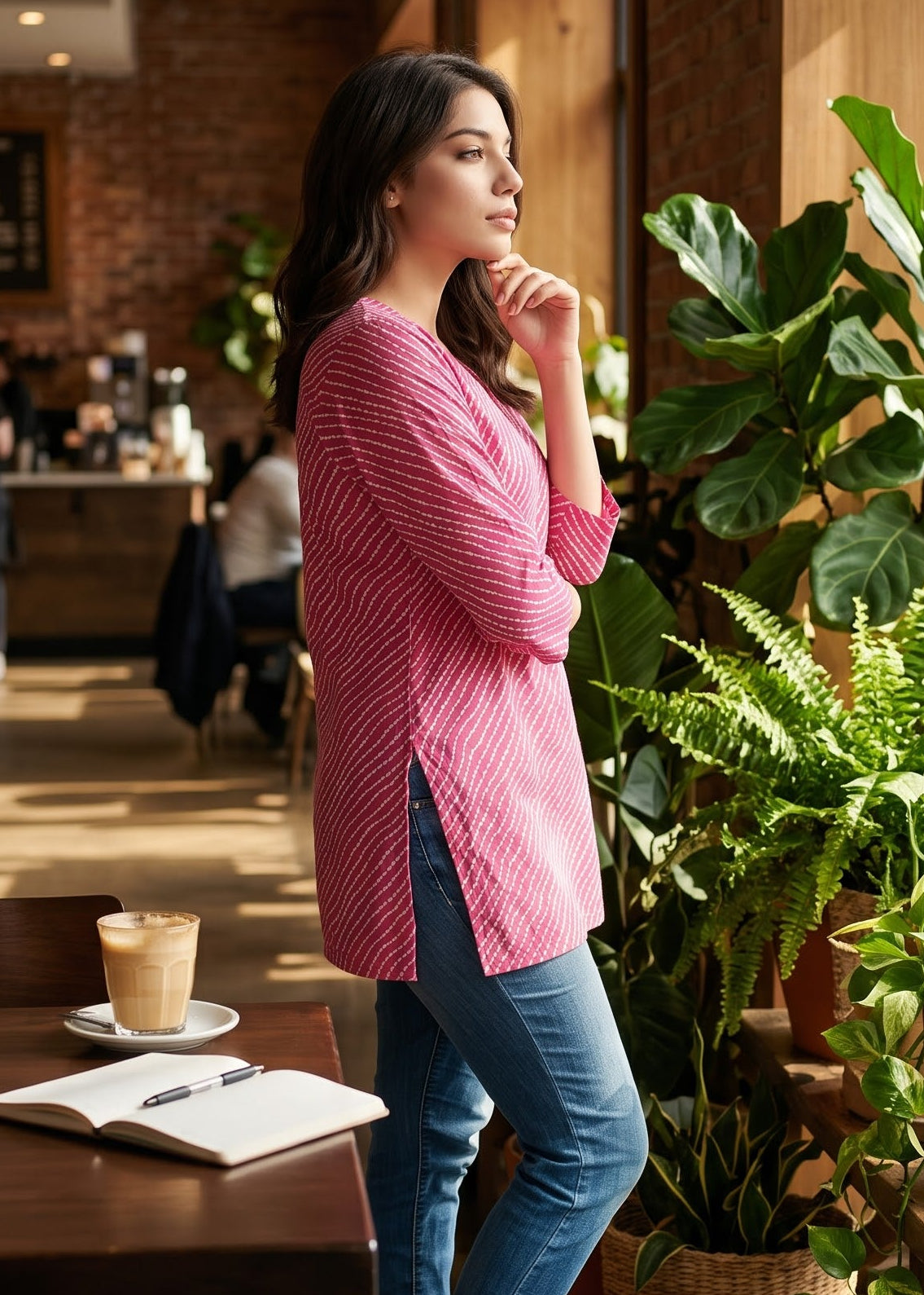 A woman stands by a window in a bright, plant-filled cafe setting, wearing a pink and white lehriya 3/4th sleeve top, blue jeans, and white heels.