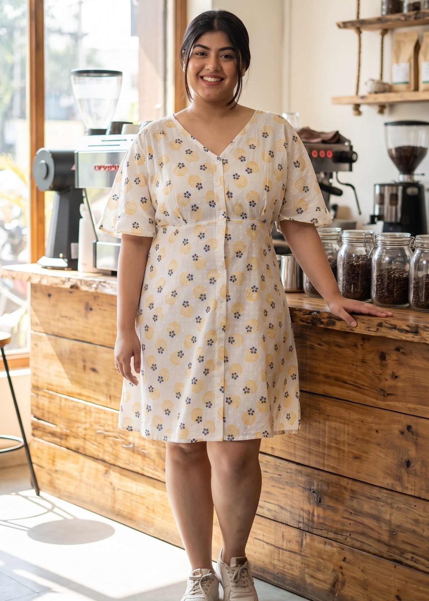 A woman wearing a white short-kaftan sleeved button-up dress with a yellow and blue floral & geometric pattern stands in a cozy cafe setting with wooden counters and coffee equipment.